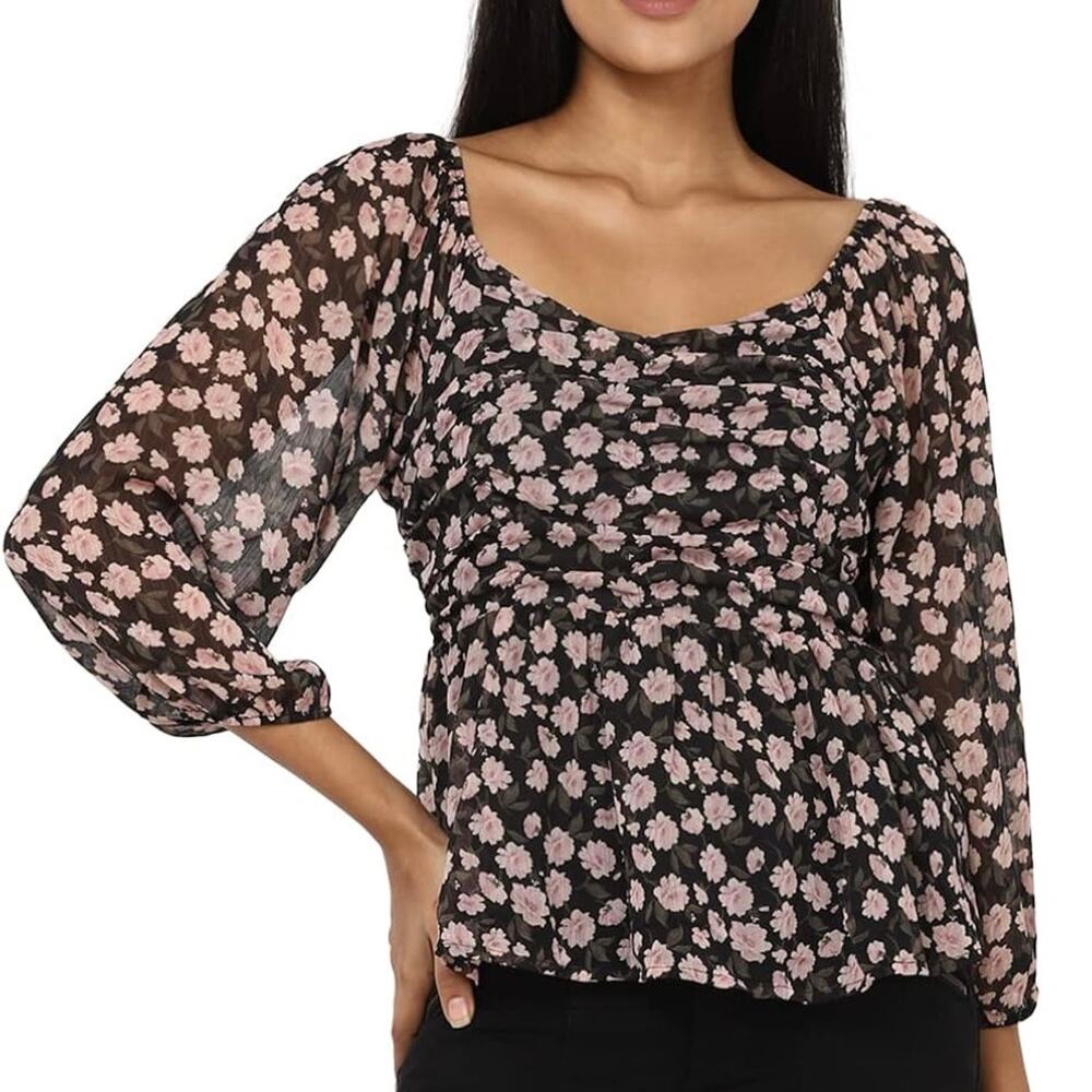American Eagle Floral Black Pink Chiffon Ruched Babydoll Top Size XL